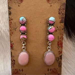 ❤️ Peruvian Pink Opal, Cotton Candy Turquoise Post Back Dangle Sterling Earrings